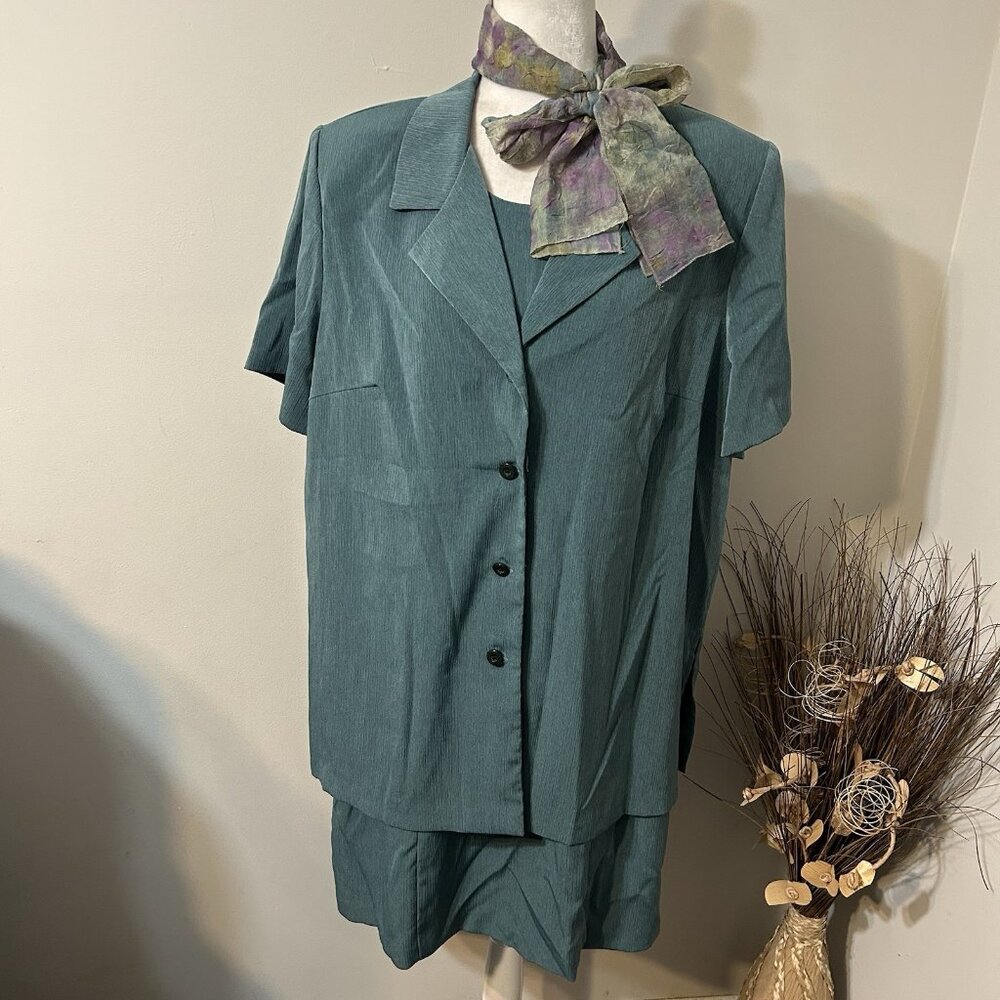 Vtg Dress Savvy New York Women 2pc Short Dress & Jacket Green Scarf Sz 20WP USA